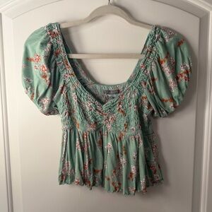 Urban Outfitters green floral smocked cropped blouse